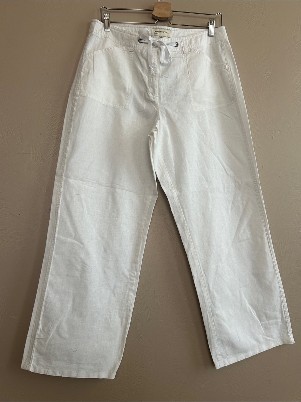 Jones New York Sport Linen-Cotton White Drawstring Relax Wide-Leg Pants. Size 12